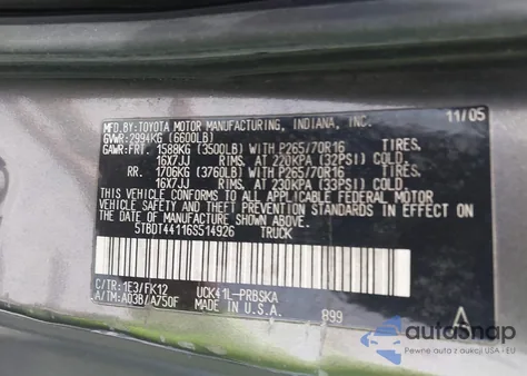 2006 Toyota Tundra Sr5 V8 from USA, damaged, VIN 5TBDT44116S514926